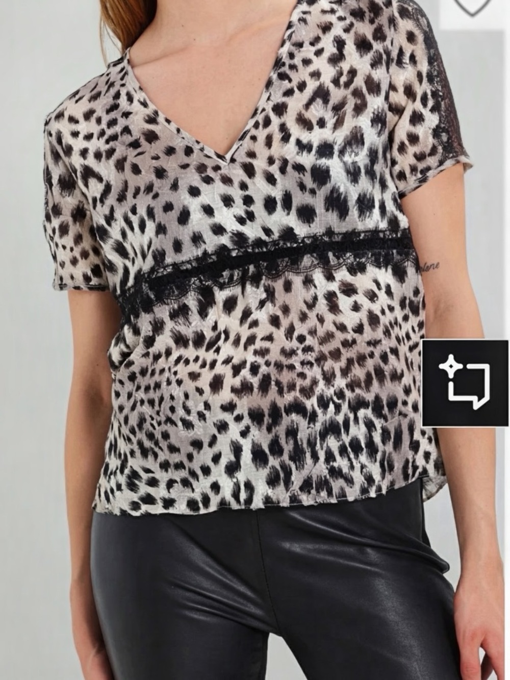 Sisley Leopard Print V-Neck Lace Trim Women's Top - Black & Cream|Size M